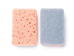 Two clean kitchen sponges isolated on white, top view