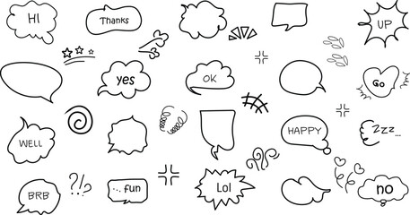 Line comic frame. Speech bubbles hand drawn, speech balloon doodles with manga expression icons, dialogue chat box with fun, happy and hi, yes and no, ok, thanks. Vector set.
