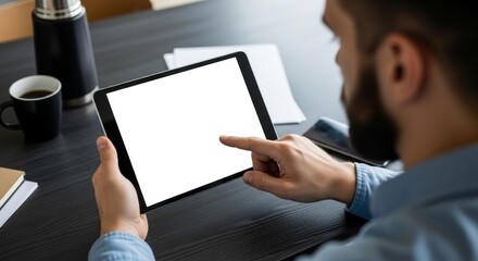 Digital Interaction at the Table: A focused individual interacts with a digital tablet at a desk. Focus on the technological embrace in everyday life. 