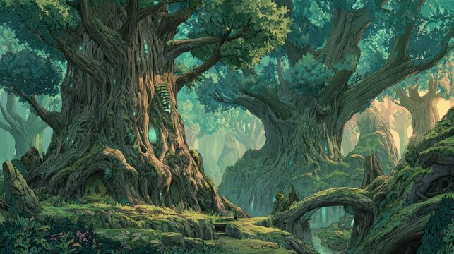 Magical grove of towering ancient trees connected by luminous root bridges under twilight