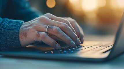Close-Up of a Person's Hand Typing on a Laptop Keyboard in Soft Ambient Light Setting