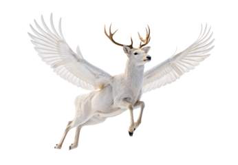 White winged deer flying antlers magical fantasy creature majestic elegant, isolated on a transparent background