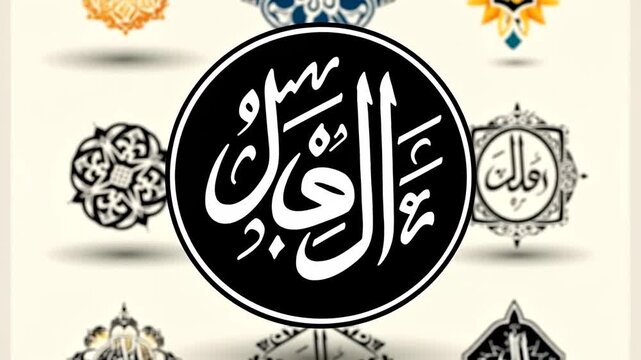 Elegant Islamic calligraphy in a black circle surrounded by ornate arabesque patterns and decorative motifs, showcasing traditional religious art.