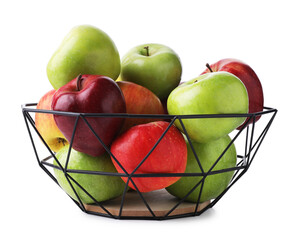 Red and green ripe apples in fruit bowl isolated on white