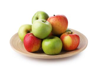 Red and green ripe apples in bowl isolated on white