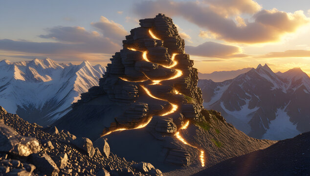 High Mountain Peak with Glowing Orange Path and Lightning Strike - Powered by Adobe