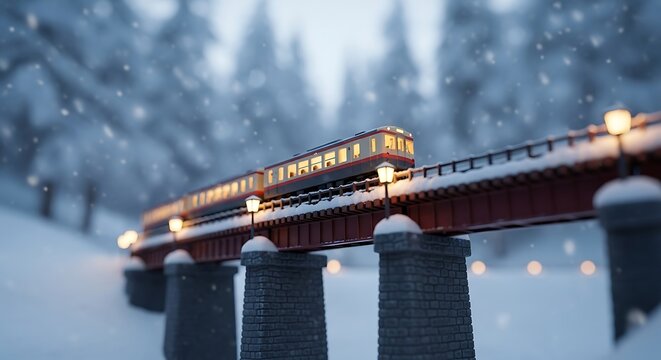 Winter train miniature crossing snowy bridge in blurred forest backdrop