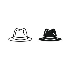 Two fedora hat icons, one outline and one solid, isolated on
