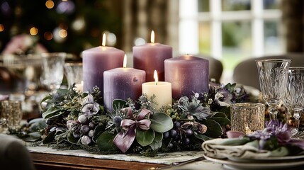 Elegant holiday table setting with purple candles and festive centerpiece wreath decorated with berries and greenery