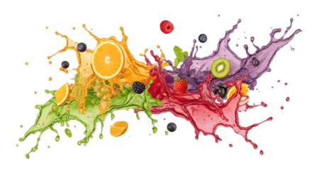 Colorful mixed fruit juice splash with fresh citrus, berries, and kiwi – vibrant liquid explosion isolated on transparent background