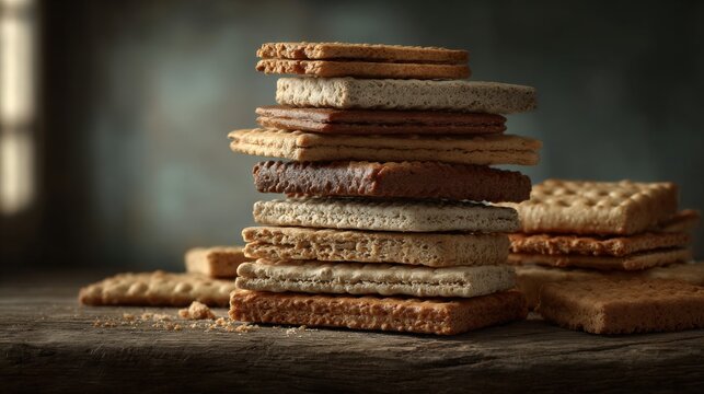 Stack of Various Cracker Textures on Wooden Table - Powered by Adobe