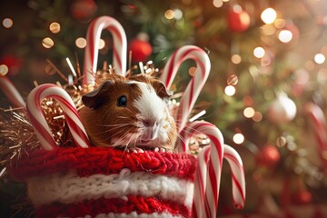 cute guinea pig nestled in a Christmas stocking, surrounded by candy canes and tinsel. Ideal for concepts of holiday pets, festive cheer, cozy indoor scenes and playful seasonal photography