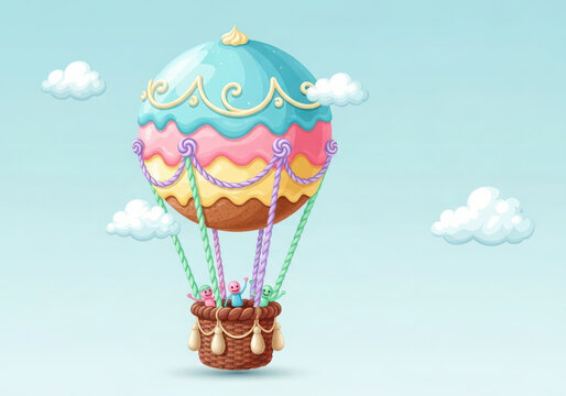 Whimsical cupcake hot air balloon with happy characters in blue sky