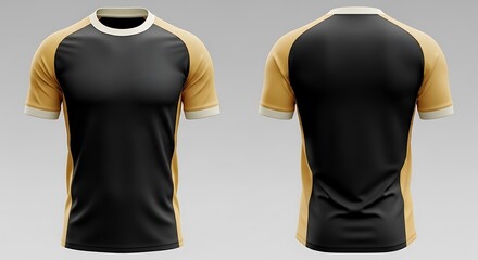 Black and gold raglan t-shirt, front and back view.