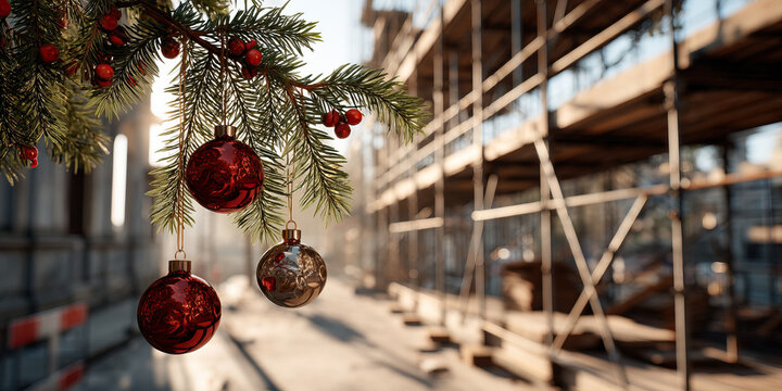 Red glass ornament red glass bauble gold glass ornament pine branch red berry branch city construction site festive decoration holiday street sunlight reflection shallow depth of field