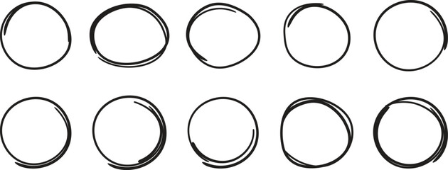 Hand drawn marker circle line set. Highlight circle frames. Ellipses in doodle style. Circular scribble doodle round circles for message note mark design element. 