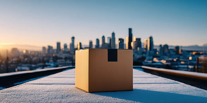 Cardboard package on snowy rooftop with city skyline at sunrise, cold light and delivery atmosphere - Powered by Adobe