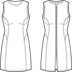 Stylish sleeveless A-line dress technical flat illustration featuring contour panel seams, bust shaping, front zipper closure, and precise garment construction detailing
