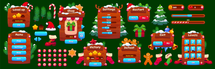 Winter Christmas game interface with vector user panels, buttons and sliders. Cartoon menu frame and shop settings, level selection and restart screens, score counter and victory game interface panels © Seavector