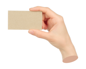 Hand holds craft blank business card, isolated on transparent background, business concept. Contemporary art design