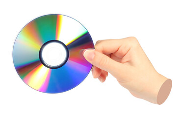 Hand holds cd compact disk, isolated on transparent background, retro teachnology concept. Contemporary art design