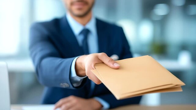 Businessman handing over brown folder defocused across desk, faceless document delivery, business visualization detail, blurred office background, agreement concept, contract inter