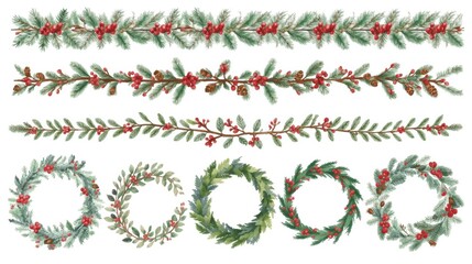 Set of realistic Christmas borders, garlands, and pine wreaths with berries.