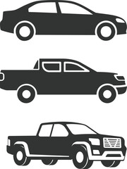 Car silhouette icons set side, front, back, and top views vector art illustration. Vector set illustration of simple deformed various types of car icons pictograms Different cars and icons Set Car.