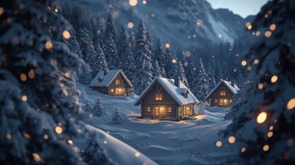 Cozy wooden houses nestled in a snowy forest on a cold winter night.