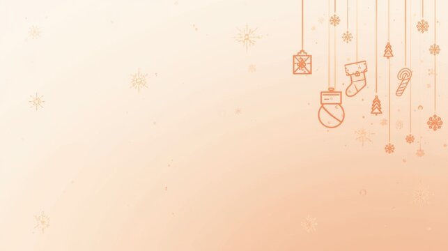 Delicate Christmas outline decorations hanging on a soft pastel background with snowflakes.