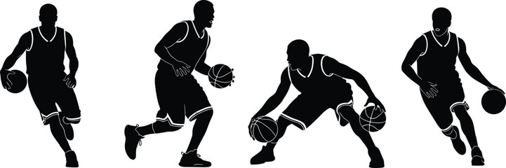 Silhouette illustration of basketball players dribbling in dynamic action poses, showcasing athletic movement, sports energy, competitive gameplay, and active motion in vector style.