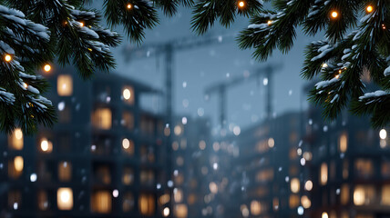 Snowy evergreen branches with warm bauble lights framing blurred urban construction site with illuminated windows and cranes in evening snowfall