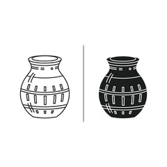 Two clay pot icons, outline and solid fill, isolated on