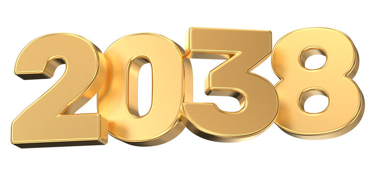 2038 golden numbers rendered in 3D against a deep black background, marking a significant future date or anniversary.
