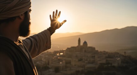 Man with a beard and turban blocking the sun with his hand over an ancient city at sunset. Biblical scene or religious concept.