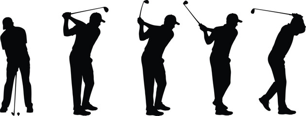 Silhouette sequence of golfer performing multiple swing stages, showing dynamic movement and athletic posture for sports illustration, vector design and artwork use