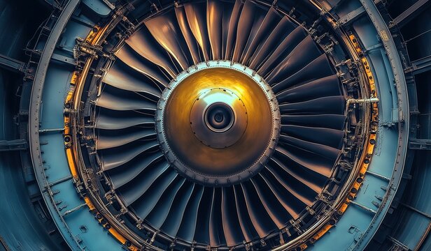 The jet engine inside an airplane showcasing intricate design and engineering details with golden metallic finish against navy blue wings.