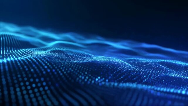 An abstract digital landscape featuring undulating waves of bright blue glowing particles on a dark background.