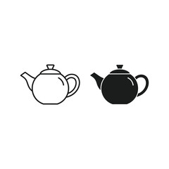 Two teapot icons, outline and filled silhouette, isolated on