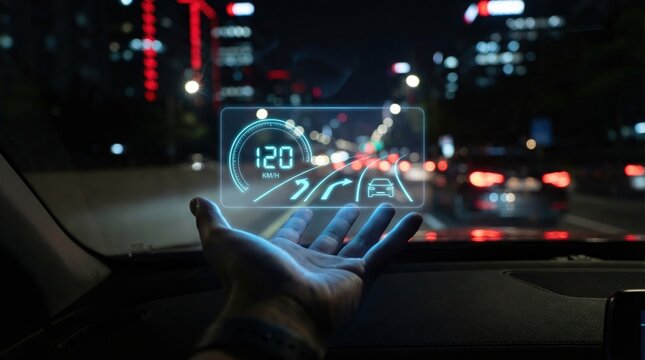 Futuristic head-up display showing speed and navigation in a car at night