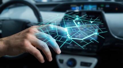 Person using a futuristic navigation system inside a modern vehicle