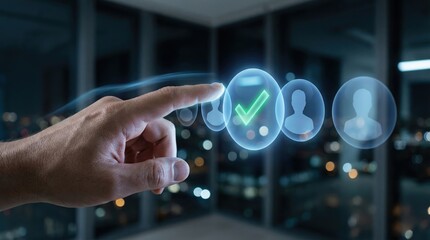 Human hand selecting a candidate with a check mark icon