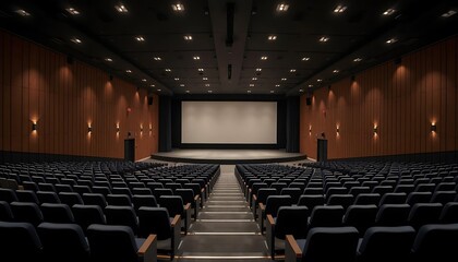 Naklejka premium Wide-Angle Modern Auditorium — Tiered Navy Seating, LED Aisle Lights, Minimalist Stage Design