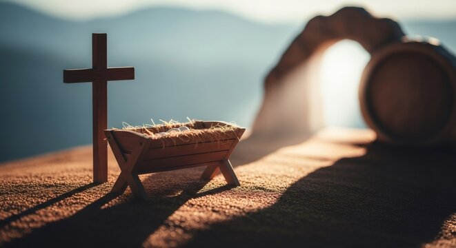 Fototapeta Wooden cross, manger with straw, and empty tomb representing Jesus life, death, and resurrection. Christian salvation concept for Easter.