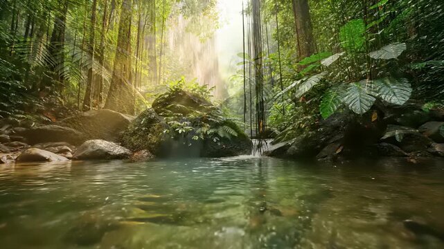 Serene Stream Meanders Through Lush Forest, Reflecting Dreamy Ambiance of Surrounding Trees and Rocks, Perfect for Creating Sense of Calm Contemplation or Evoking Feeling of Serene Wellness in.