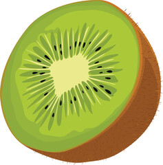 A vibrant, detailed illustration of a halved kiwi fruit, showcasing its bright green flesh, black seeds, and fuzzy brown skin.