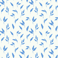 Elegant seamless vector pattern with hand-drawn blue leafy branches on a light background. Modern botanical designs  for fabric, stationery, packaging, wallpapers