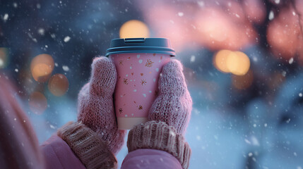 Cozy winter scene featuring a reusable coffee cup held in warm mittens, ideal for promoting eco-friendly habits and seasonal beverages.