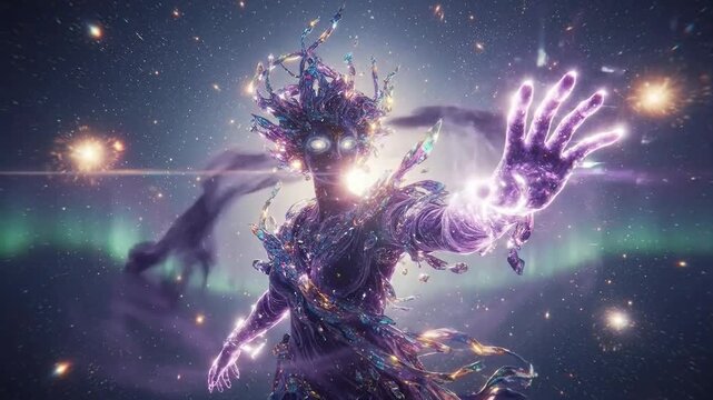 Cosmic sorceress manipulating stardust in a vibrant and ethereal celestial dance