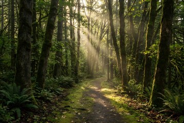 A serene forest path illuminated by soft morning sun rays filtering through tall trees, creating a peaceful and atmospheric nature scene.